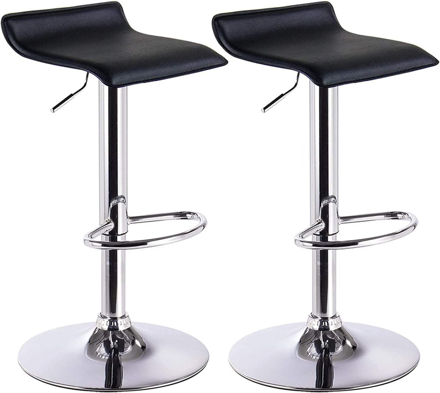 Set of 2 Adjustable Height Swivel Bar Stools in Black Bonded Leather with Low Backrest and Stable Footrest