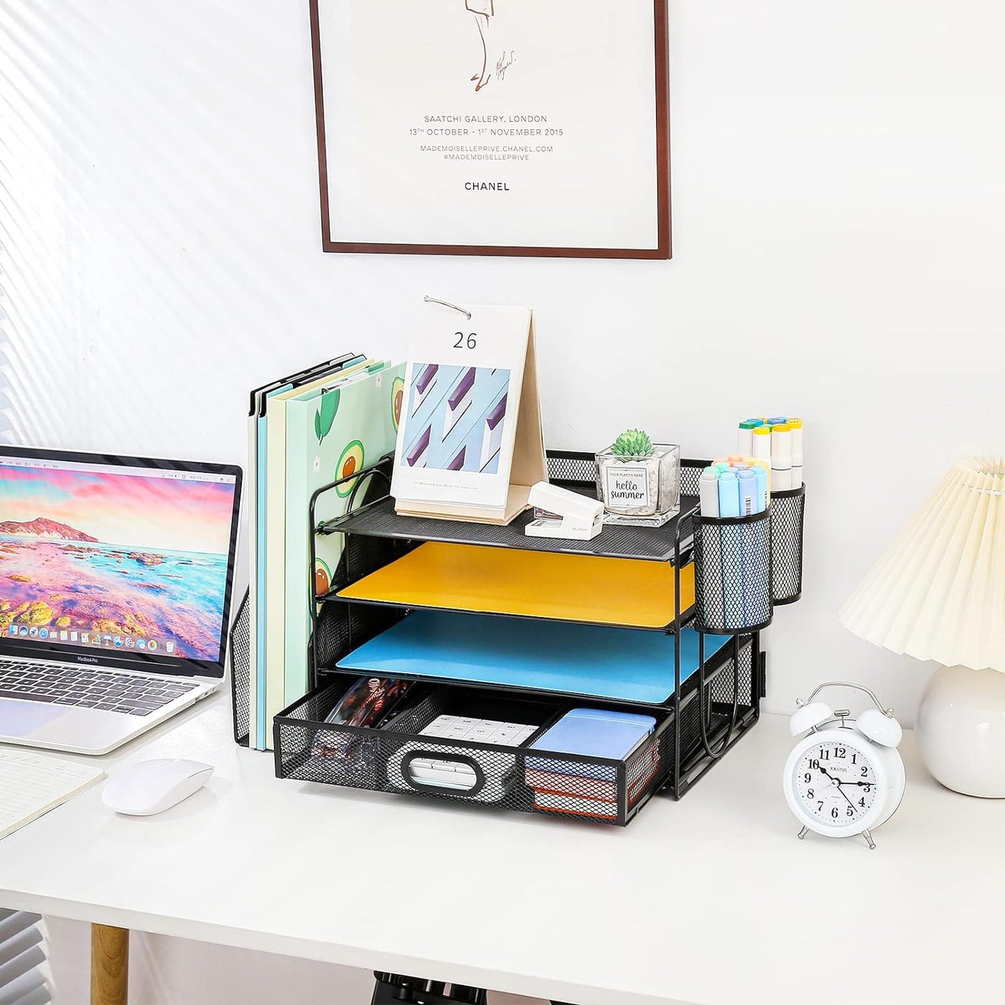4-Tier Mesh Desk Organizer with File Holder, Drawer, and Pen Holders for Office Supplies
