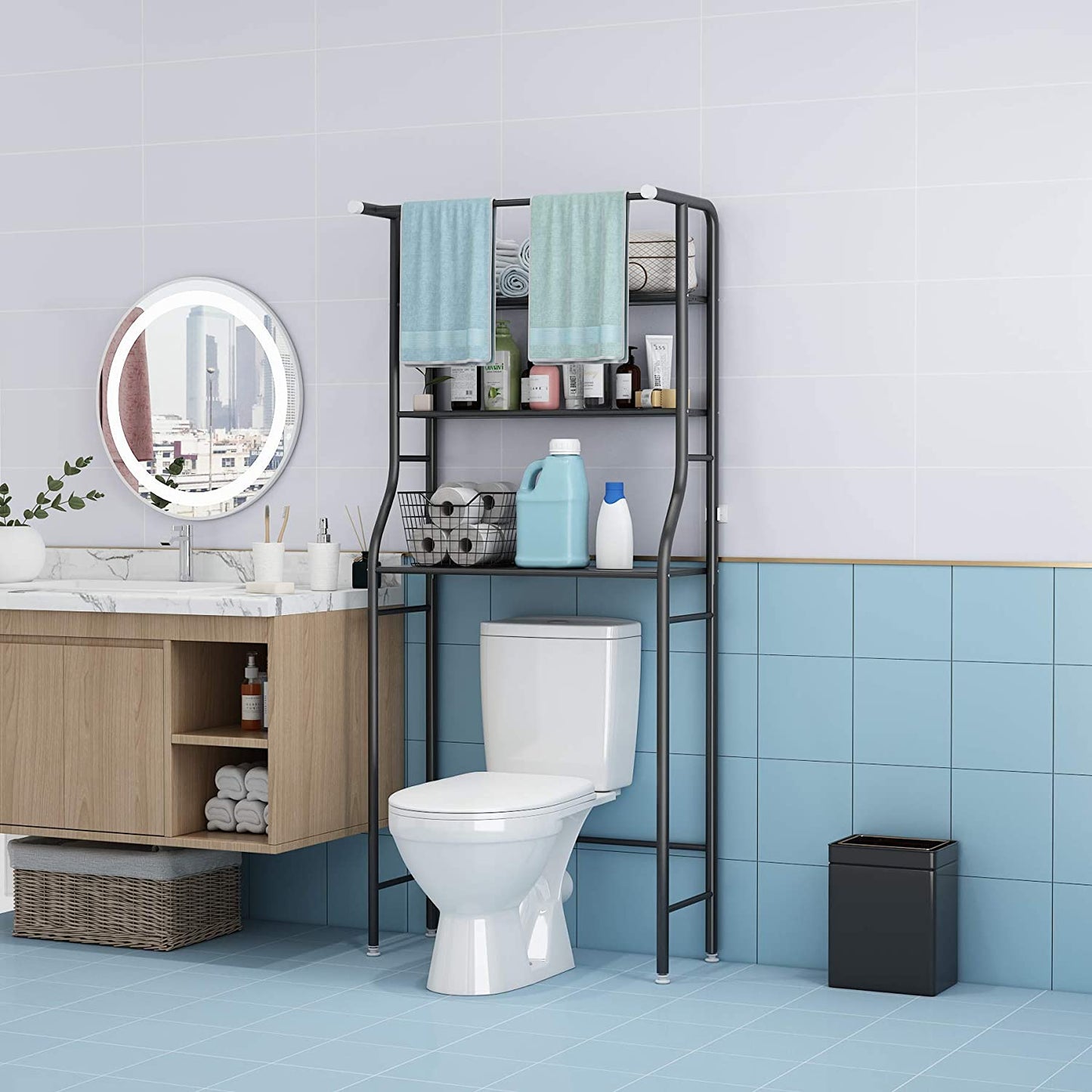 3-Tier Over-the-Toilet Bathroom Storage Rack and Corner Organizer with Hanging Rod, Black