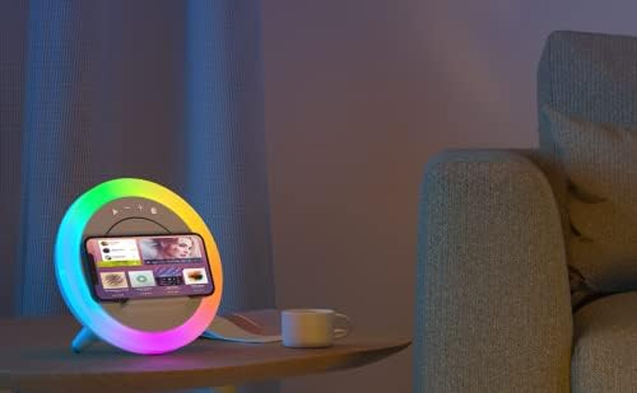 Bluetooth Speaker with LED Lighting and Wireless Charging, Dimmable Multi-Color Modern Night Lamp for Bedroom
