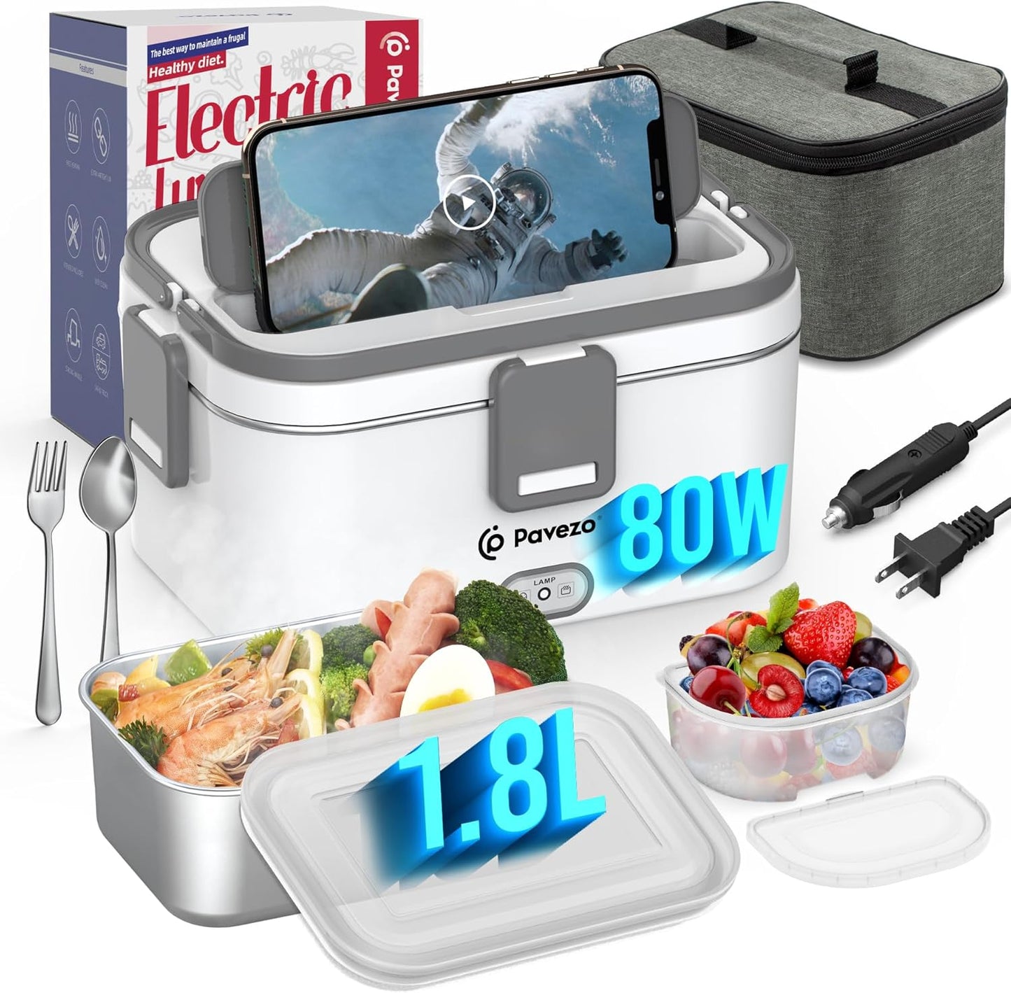 Electric Lunch Box - 80W Fast Heating, 1.8L Capacity, Multi-Voltage Food Warmer with Airtight Lid, Stainless Steel Container, Utensils, Carry Bag