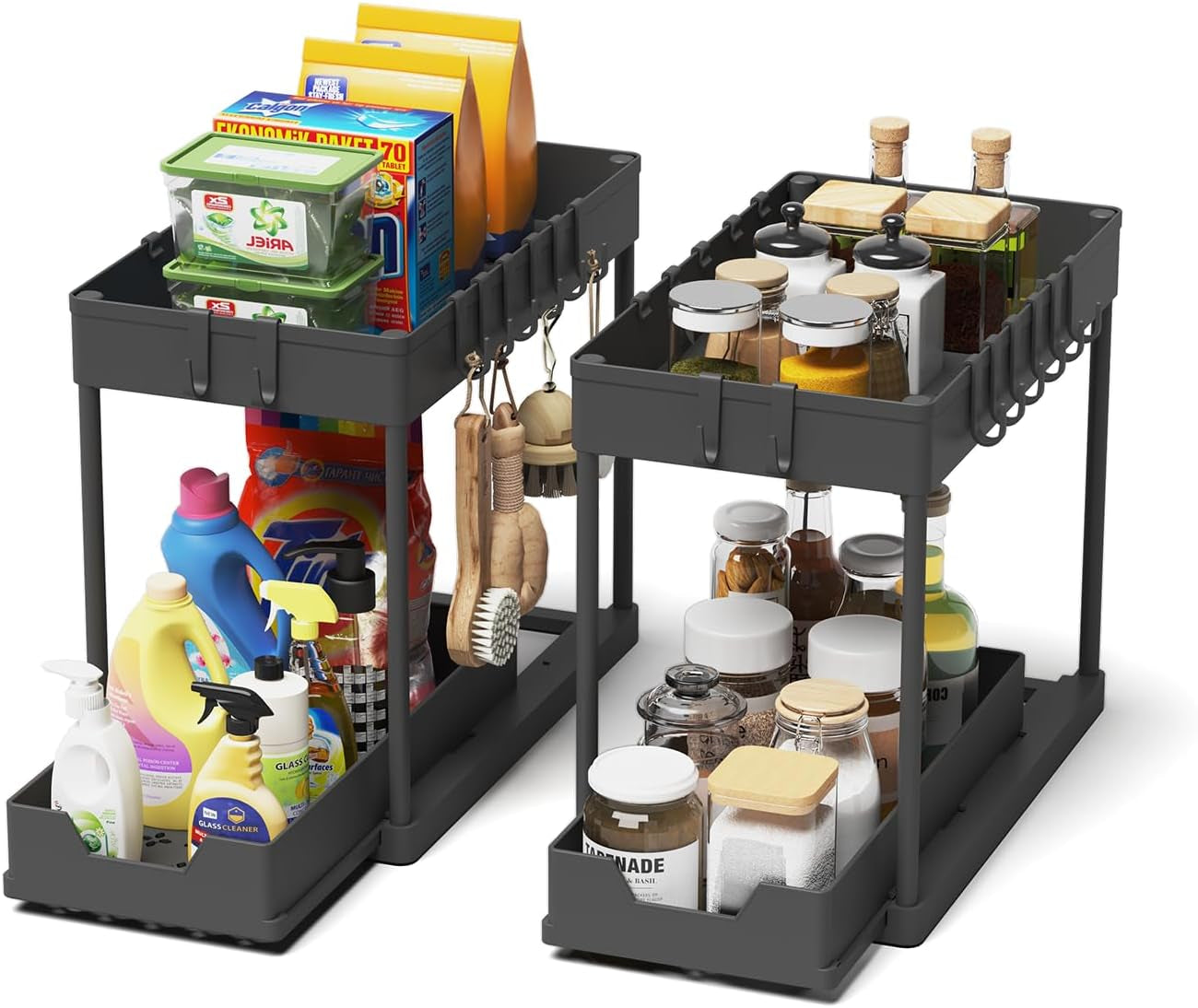 Under Sink Organizer and Storage Solution - 2-Tier Cabinet Shelf with 8 Hooks and Spice Rack for Kitchen and Bathroom