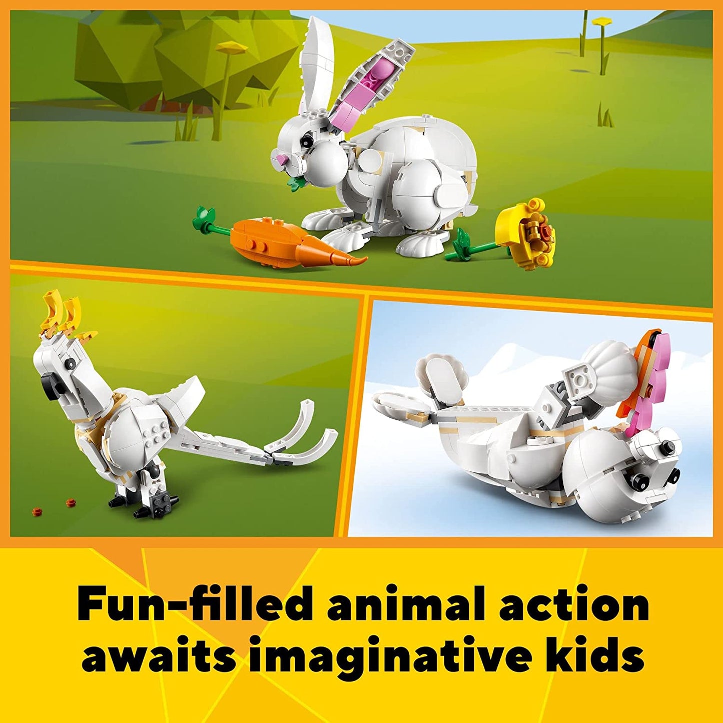 3-in-1 White Rabbit Animal Toy Building Set - Educational Toy Ages 8+, Transforms into Bunny, Seal, Parrot Figures, Creative Play