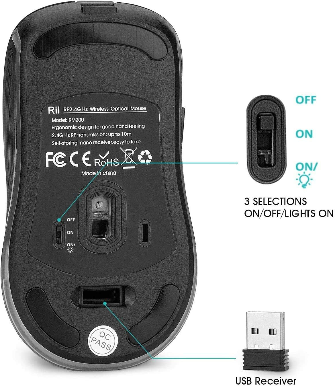 Wireless Mouse, RGB Rechargeable - 3 Adjustable Moving Speeds, Usb Cordless 6 Buttons Mouse with USB Nano Receiver