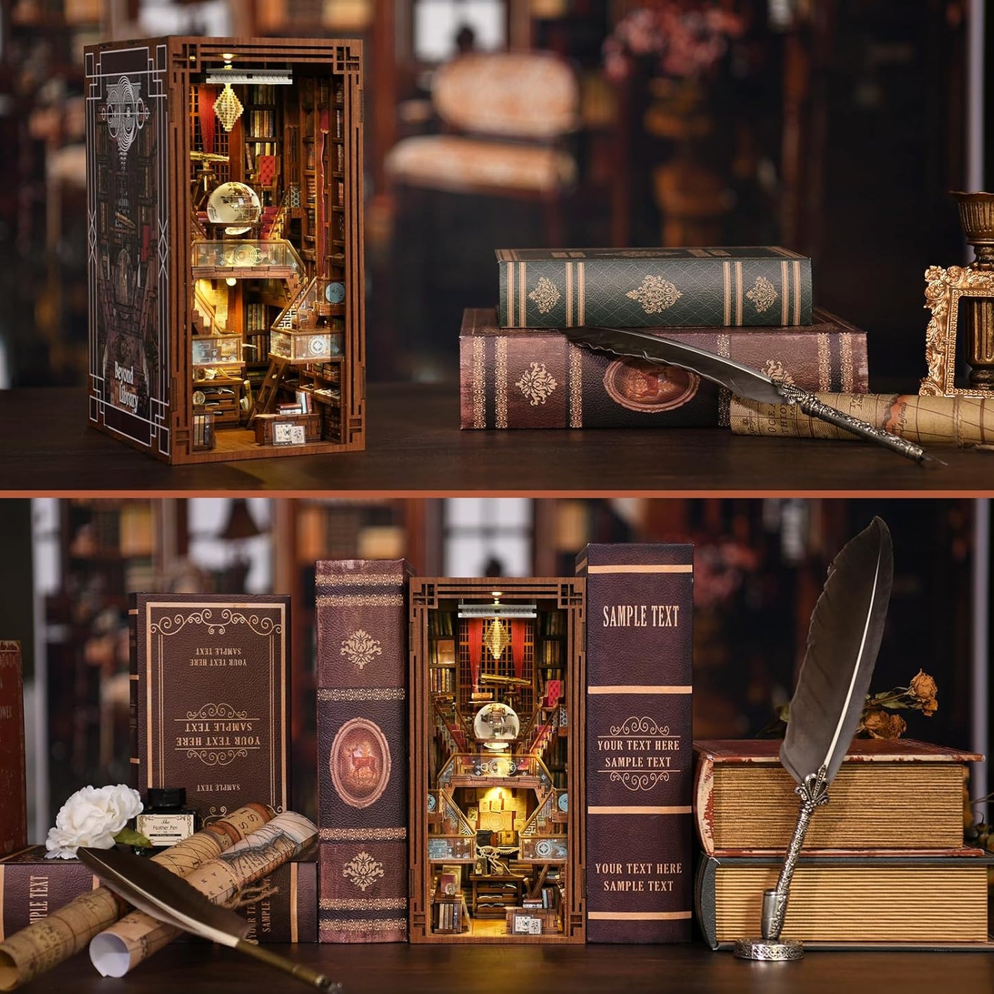 Book Nook Kit, DIY Miniature Dollhouse Booknook Kit, 3D Wooden Puzzle Bookend Bookshelf Insert Decor with LED Light for Teens and Adults (Beyond Library)