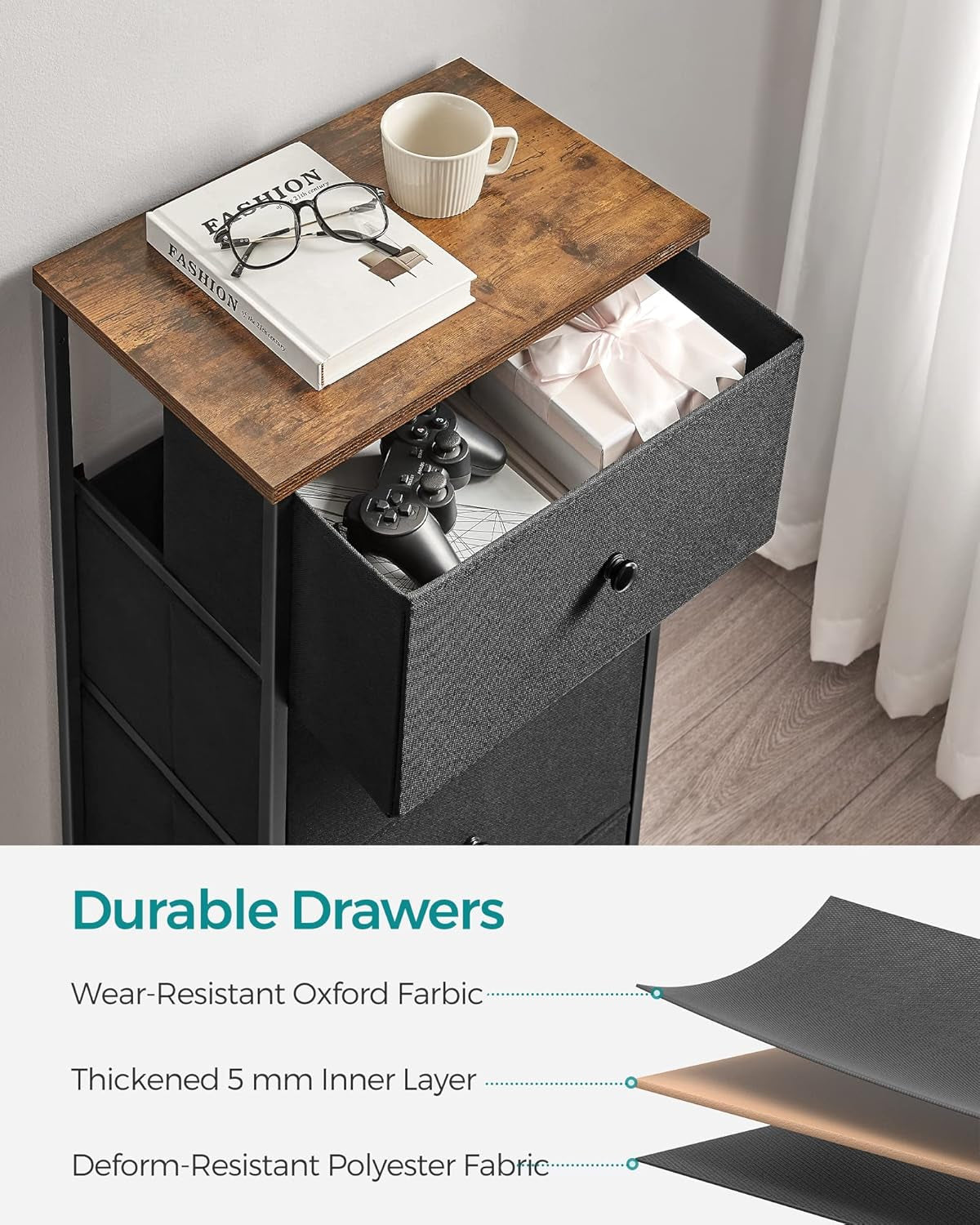 Fabric Dresser with 4 Drawers and Metal Frame - Compact Chest of Drawers in Ebony Black and Rustic Brown