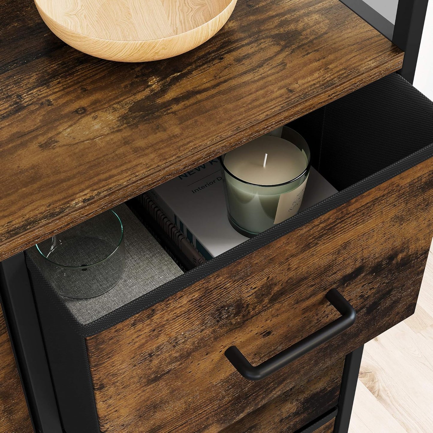 Drawer Dresser, Closet Storage Dresser, Chest of Drawers, 8 Fabric Drawers and Metal Frame with Handles, Rustic Brown and Black