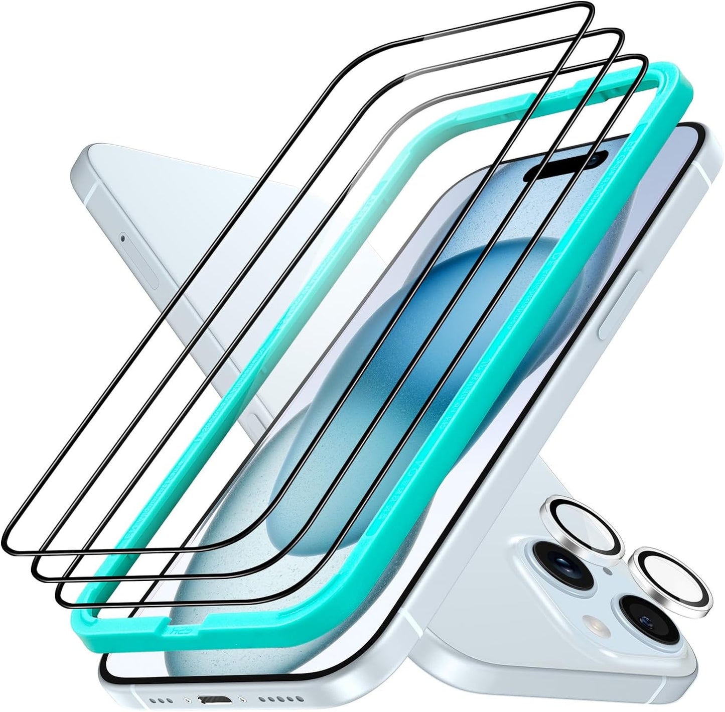 3+1 Pack Ultra-Tough Tempered Glass Screen Protector Set for iPhone - Black Edge and Flawless Fit Tray, 1 Individual Camera Lens Protector