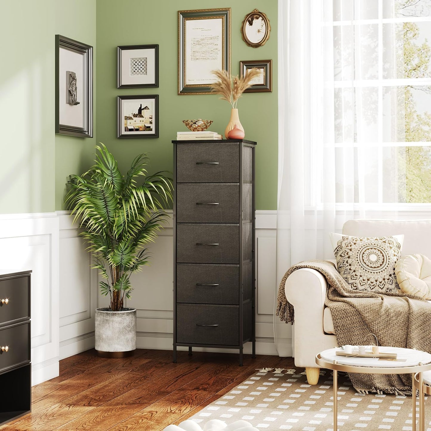 5-Drawer Tall Dresser for Bedroom, Fabric Dresser, Storage Dresser Organizer with Fabric Bins, Wood Top, Sturdy Steel Frame, Chest of Drawers for Closet, Hallway (Charcoal Black)