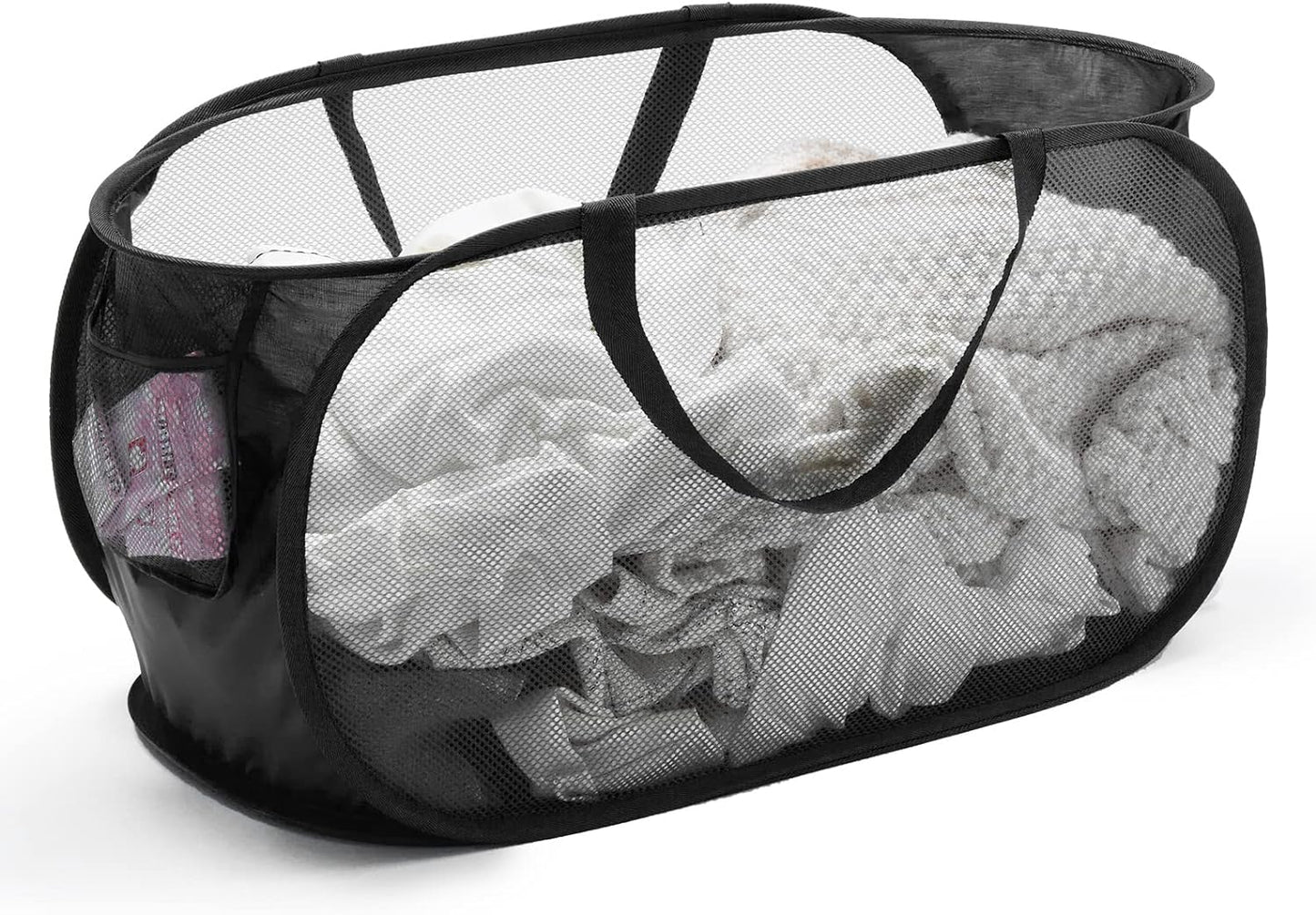Collapsible Mesh Laundry Basket with Durable Handles and Pockets - Portable and Foldable Clothes Hamper