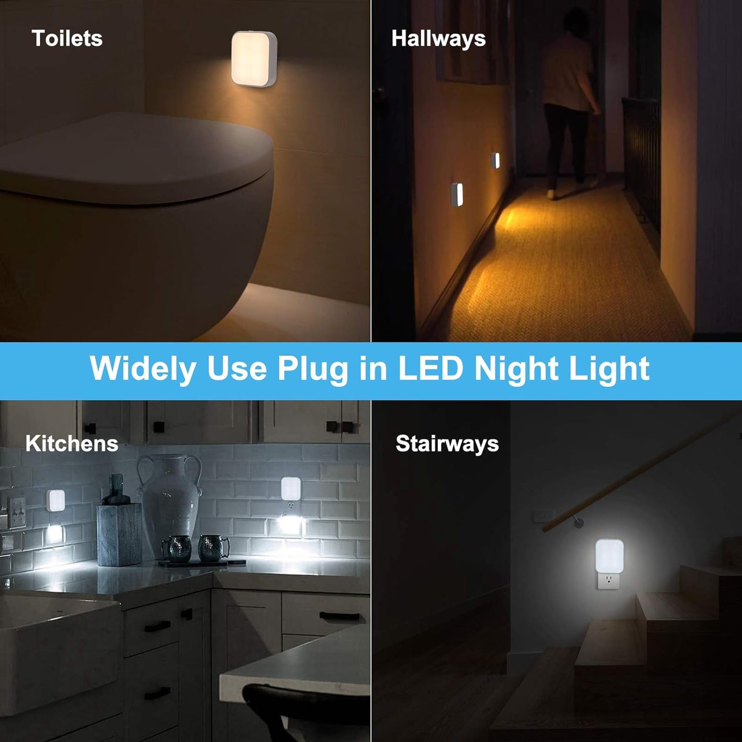 ETL Certified Plug-In LED Night Light Set, 4-Pack with Adjustable Soft and Cool White Lighting, Dusk to Dawn Sensor for Bedroom, Bathroom, Stairway, and Hallways