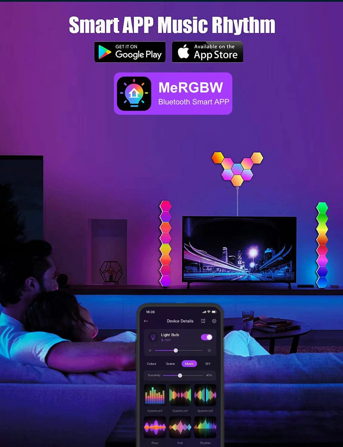 Hexagonal Modular RGB Wall Lights with Smart App and Remote Control - DIY Music Sync LED Panels for Bedroom and Children's Room Decor (Set of 8)