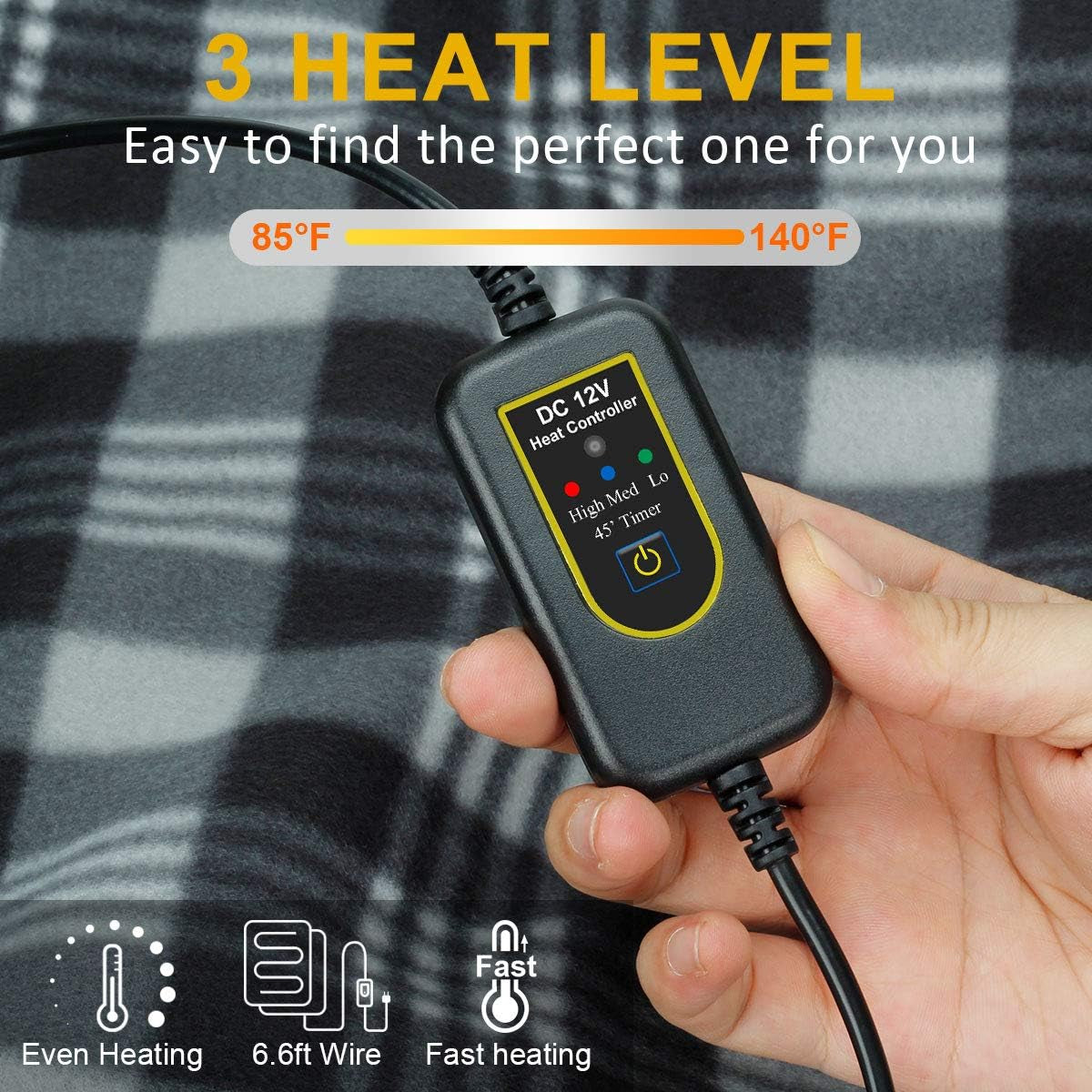 Electric Car Blanket 59"X 44", 12V Heated Car Blanket with High/Medium/Low Temp Control Travel Electric Blanket for Cars, RV, Truck, Boat, Cold Weather