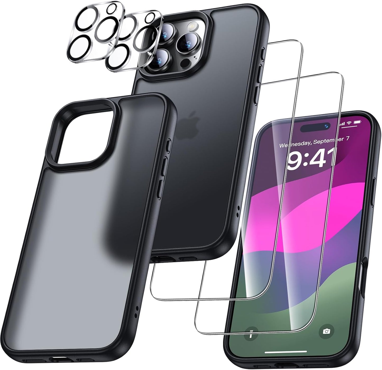 5-in-1 Case for iPhone 15 Pro Max - 2 Tempered Glass Screen Protectors - 2 Camera Lens Protectors, Shockproof, Anti-Scratch - Clear