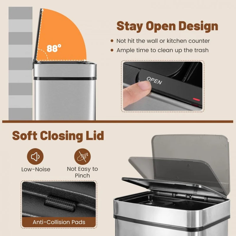 19-Gallon Stainless Steel Trash Can with Integrated Kitchen Waste Bin and Dual Bottom Recycling Compartments