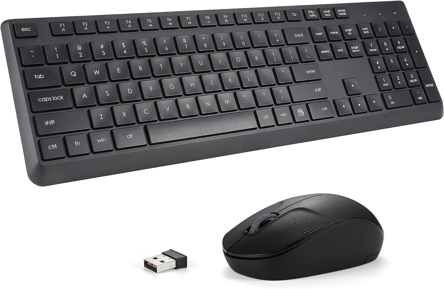 Wireless Keyboard and Mouse Set for Windows - Full-Sized Cordless Keyboard and Silent 1600 DPI Mouse with USB Receiver (Black)