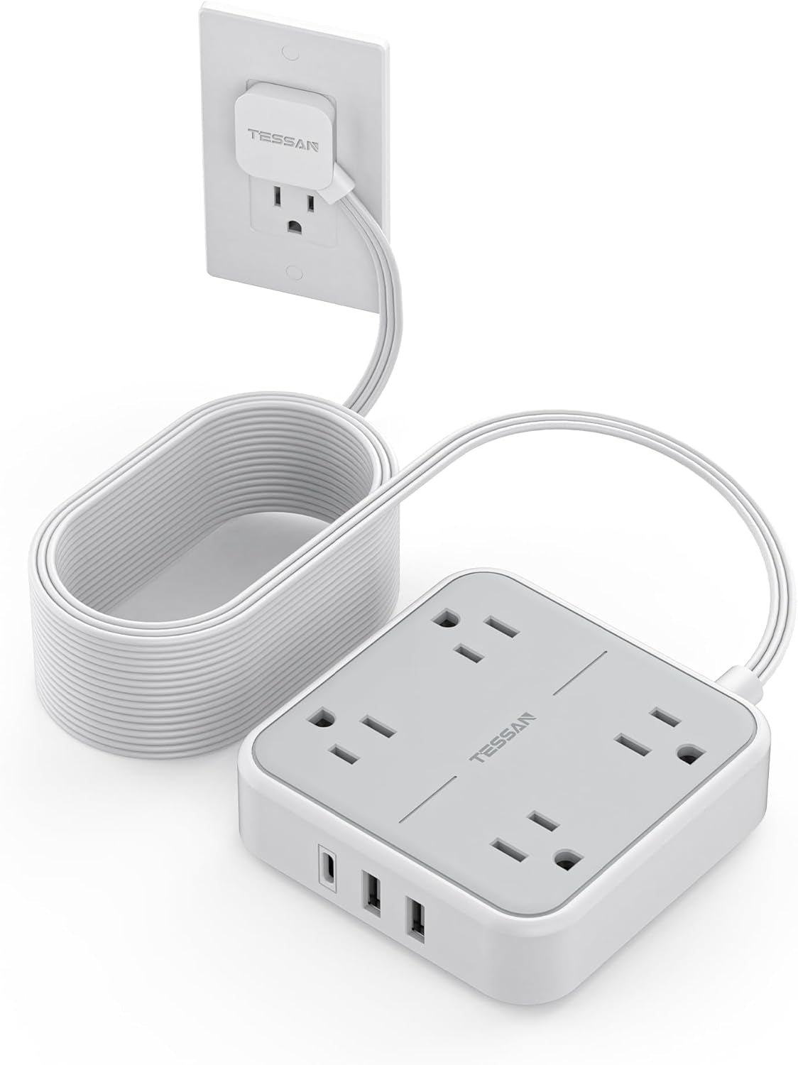 Flat Plug Power Strip with Surge Protection, 5-Foot Extension Cord, 4 Outlets and 3 USB Ports (1 USB-C), Gray