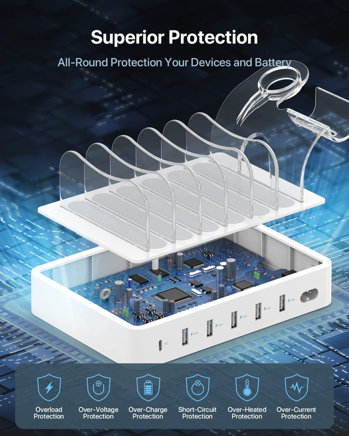 60W/12A 6-Port Charging Station with PD 20W USB-C Fast Charging - 6 Short Cables and 2-in-1 Holder, Compatible with Phones, Tablets