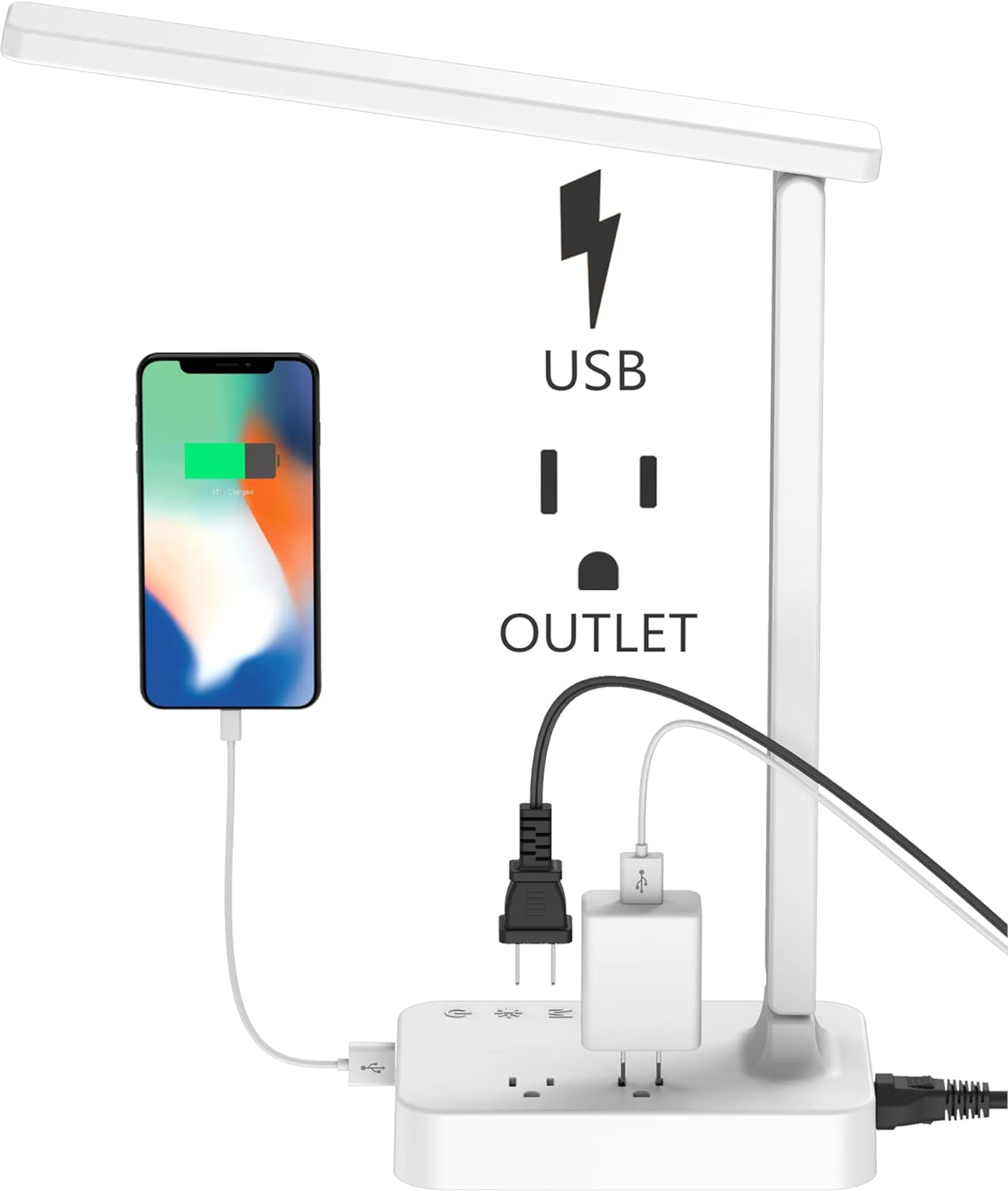 LED Desk Lamp, Desk Light with 1 USB Charging Port and 2 AC Power Outlet, 3 Lighting Modes, 3 Level Brightness,1H Timer, Touch Control (Black)
