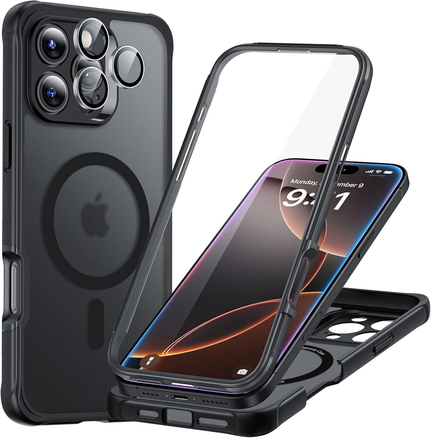 iPhone 15 Pro Max Armor Series Case: Full-Body Shockproof MagSafe Protection with Built-In Stash Stand and Individual Lens Protectors - Black