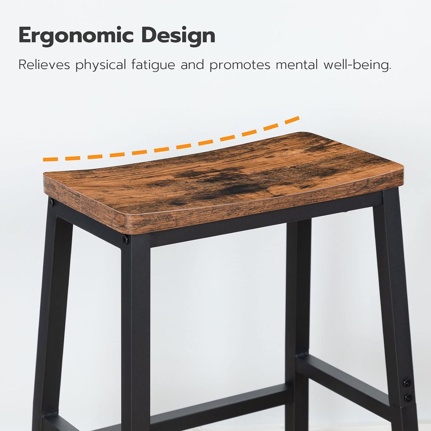 Set of 2 Industrial Saddle Bar Stools with Footrests in Rustic Brown and Black for Dining Room and Kitchen