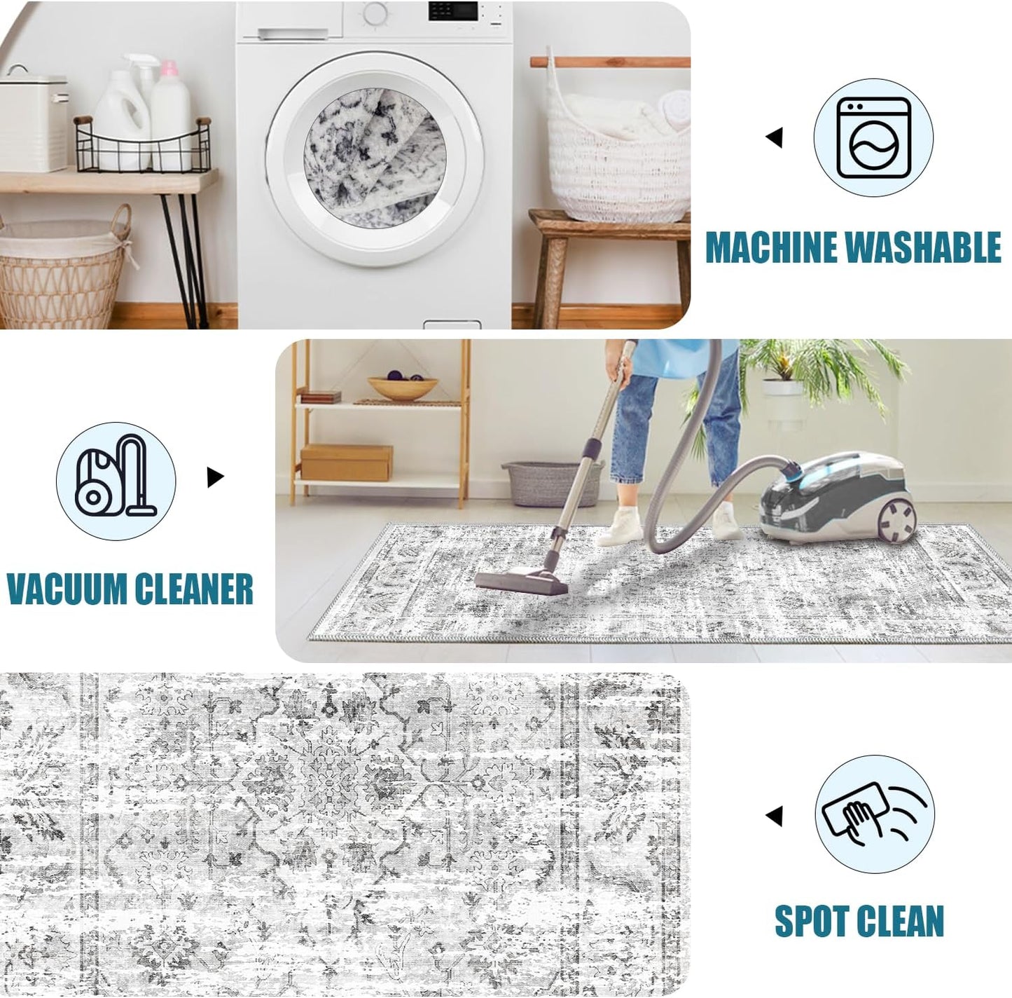 Boho Non-Slip Washable Runner Rug for Hallway and Kitchen, 2x5 Ft Light Grey Area Mat for Bedroom, Bath, Laundry, and Entryway