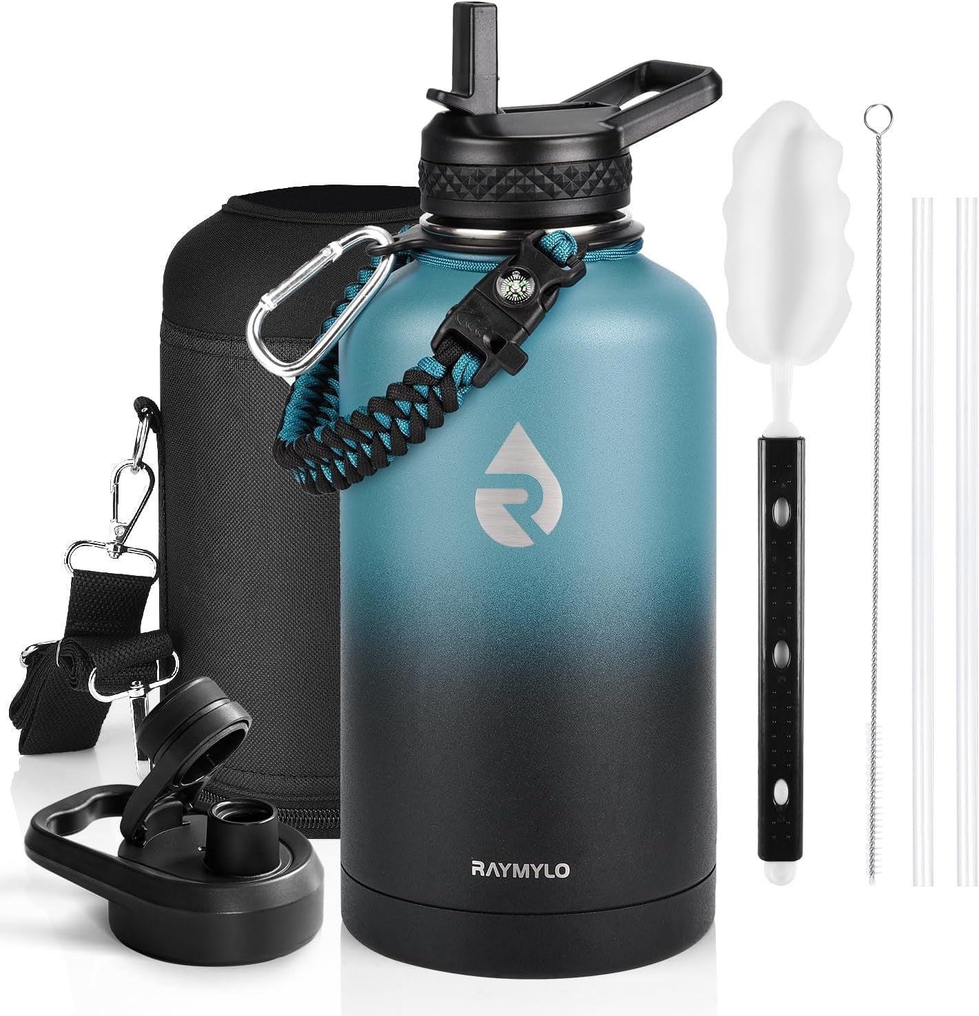 64 Oz Insulated Water Bottle - Triple Wall Vacuum Stainless Steel, Cold Retention for 48 Hours, Leak Proof & BPA-Free, Half Gallon Flask with Paracord Handle & Straw Spout Lids, Indigo/Black