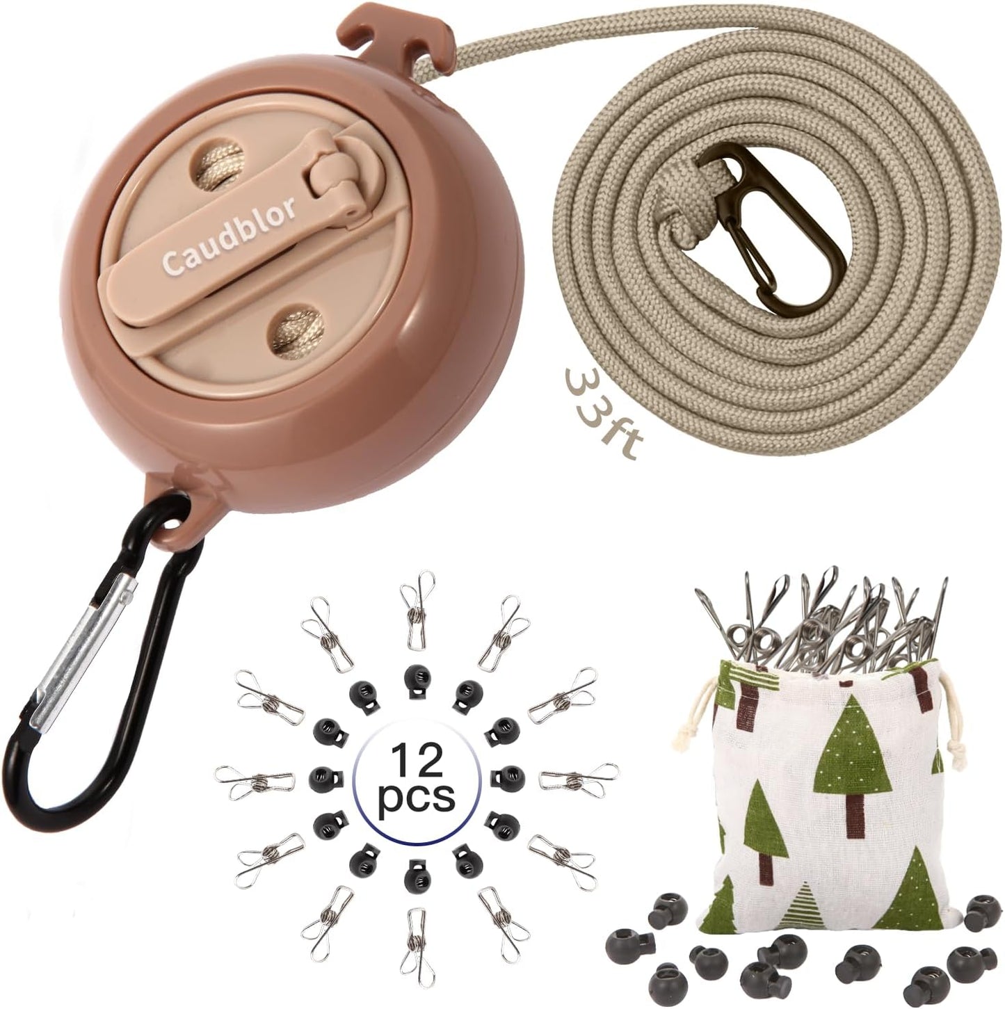 Portable Retractable Camping Clothesline with 12 Stoppers and Windproof Clothespins for Travel and Outdoor Use