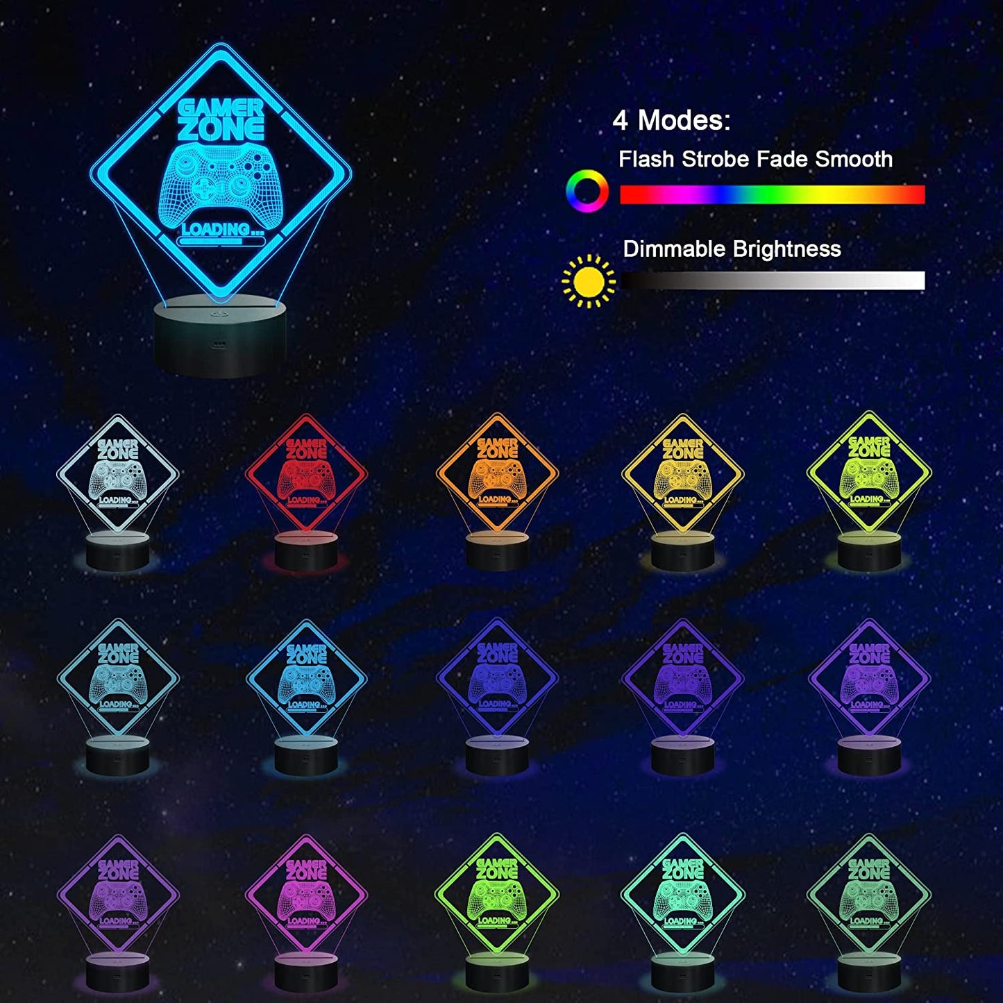 Gamer Zone Night Light,Gamepad Gamepad Graphic Video Games Gamer Gift Funny 3D Illusion Lamp 16 Colors Changing Touch & Remote Control for Men Teenagers and Kids