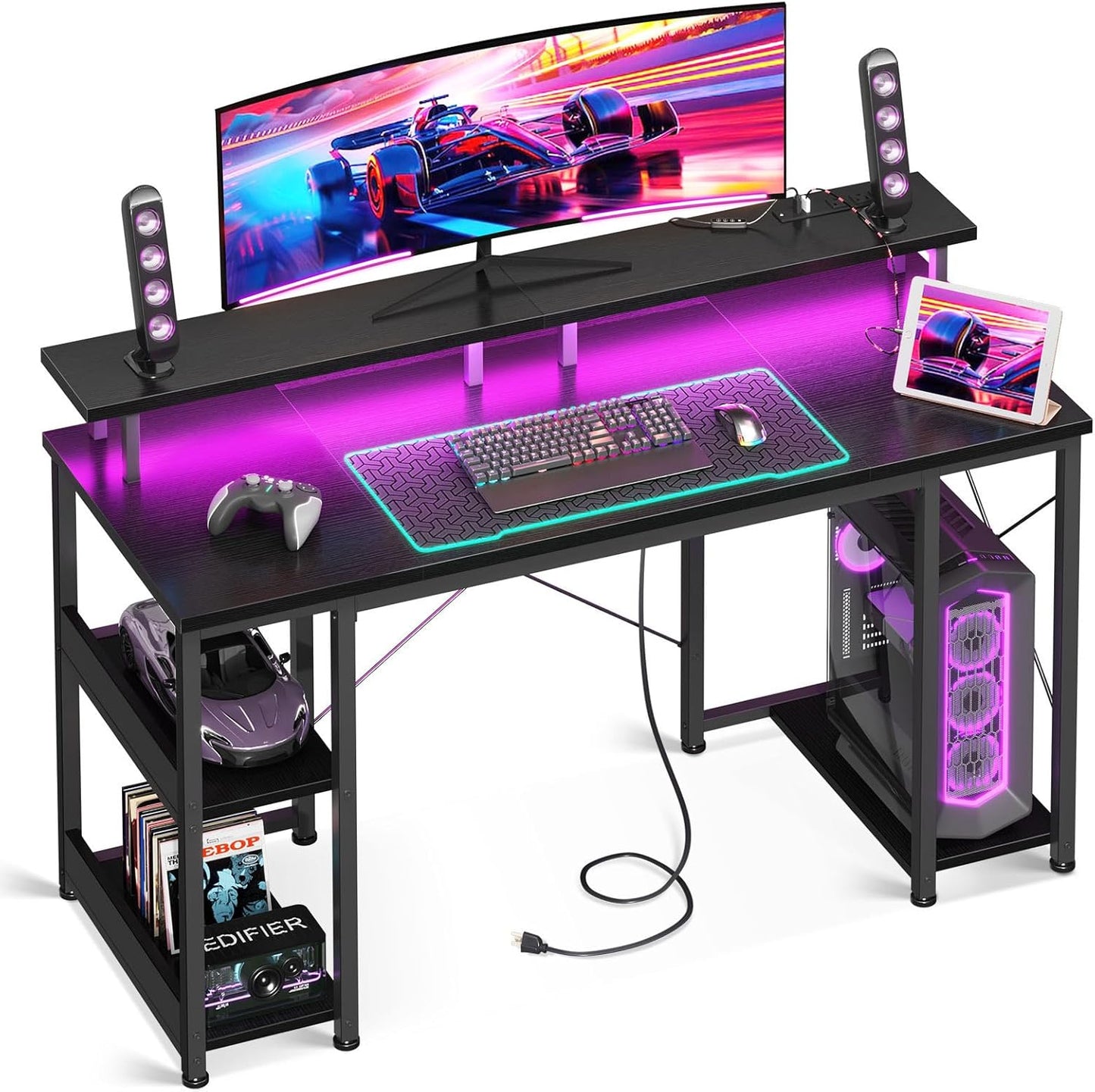48-Inch Gaming Desk with LED Lighting and Power Outlet, Featuring Storage Shelves and Monitor Stand, Black