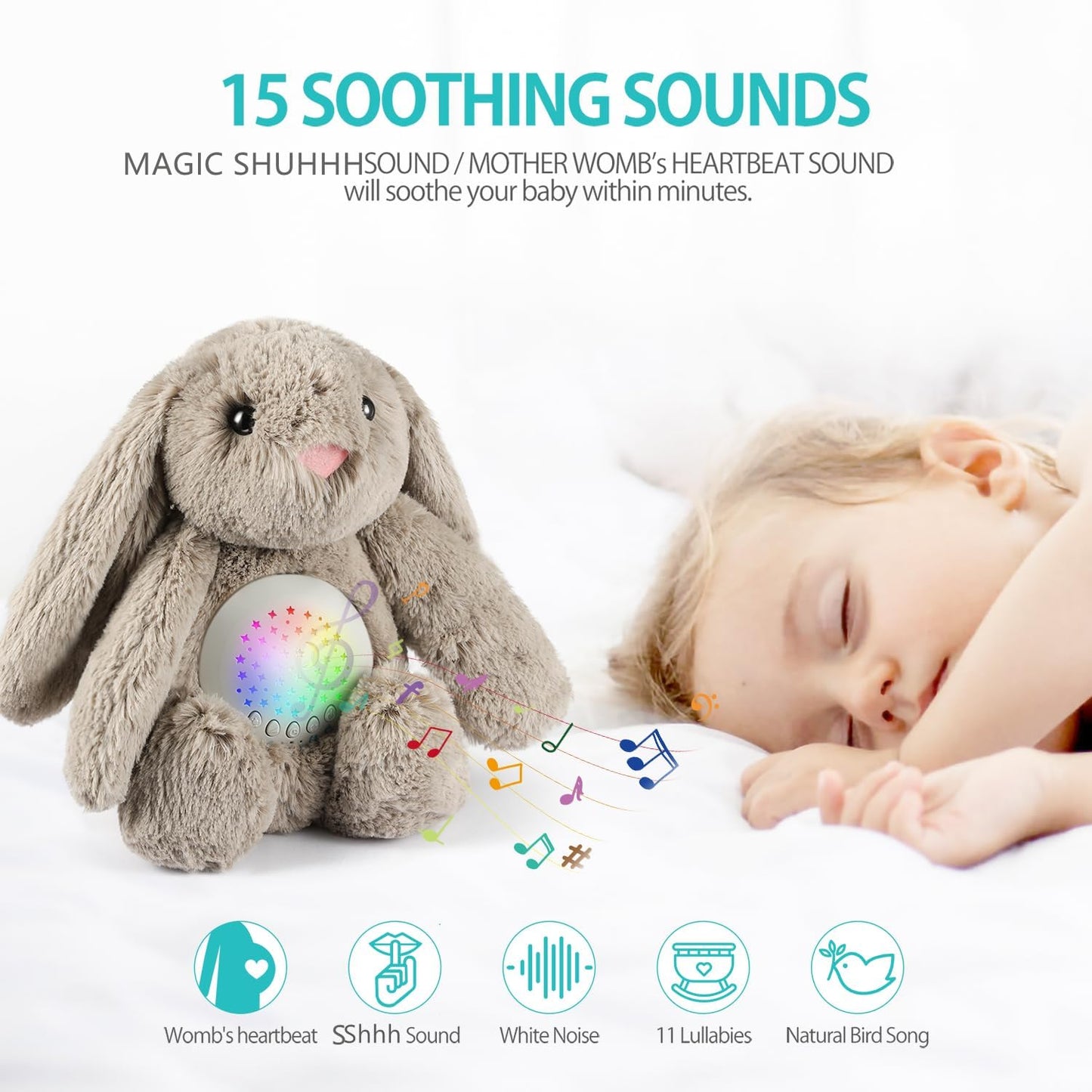 Bedtime Baby Bunny Soother - Starry Projector - Calming Night Light, Lullaby Music, White Noise, Mother's Heartbeat