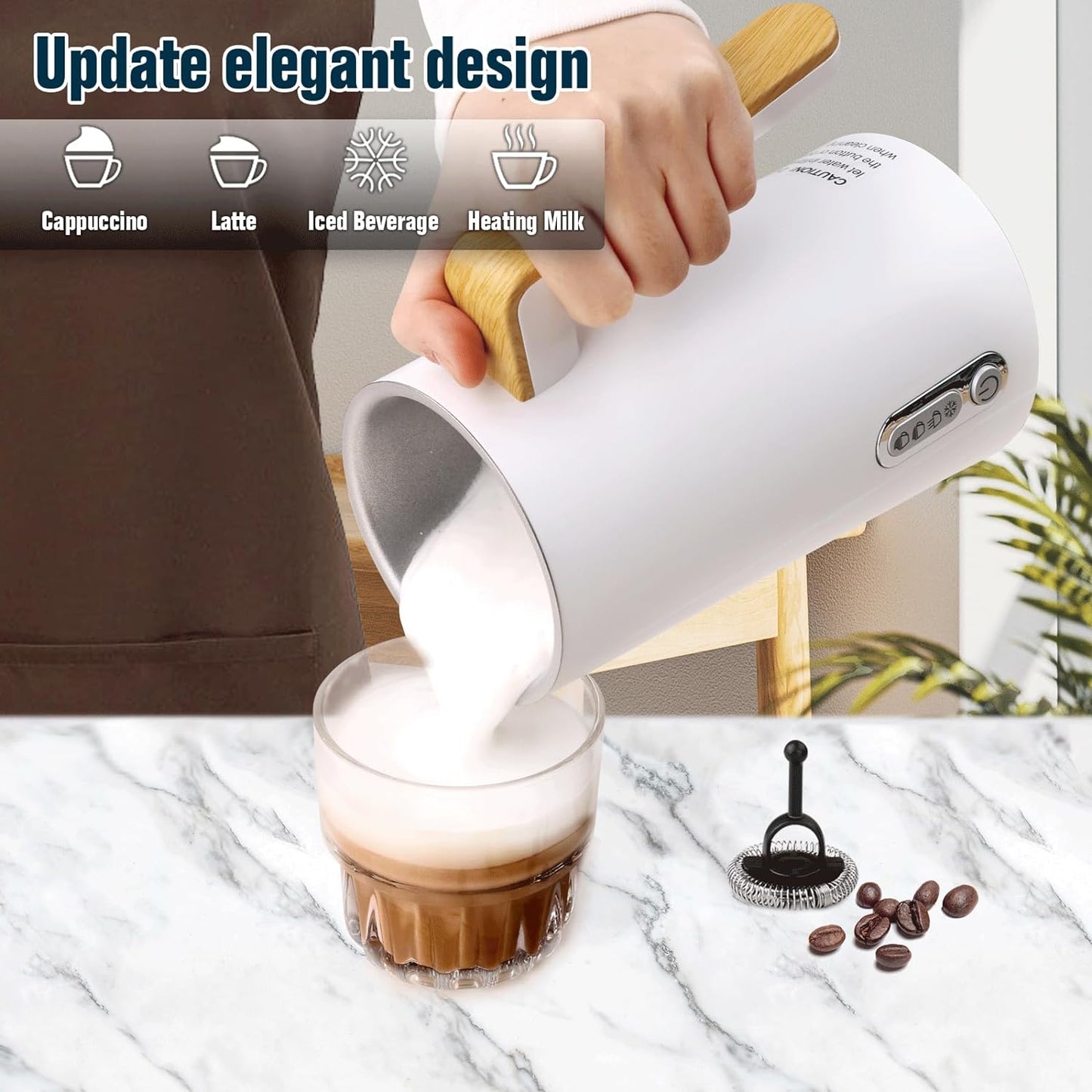 4-in-1 Electric Milk Frother and Steamer - Versatile Warm and Cold Foam Maker for Lattes, Cappuccinos, and Coffee (White)