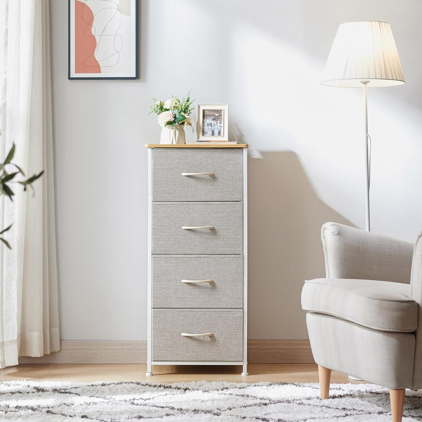 Tall Dresser for Bedroom with 4 Drawers, Storage Organizer Chest of Drawers with Removable Fabric Bins for Living Room Closet Bedside Nursery Laundry Entryway Hallway, Ash Grey