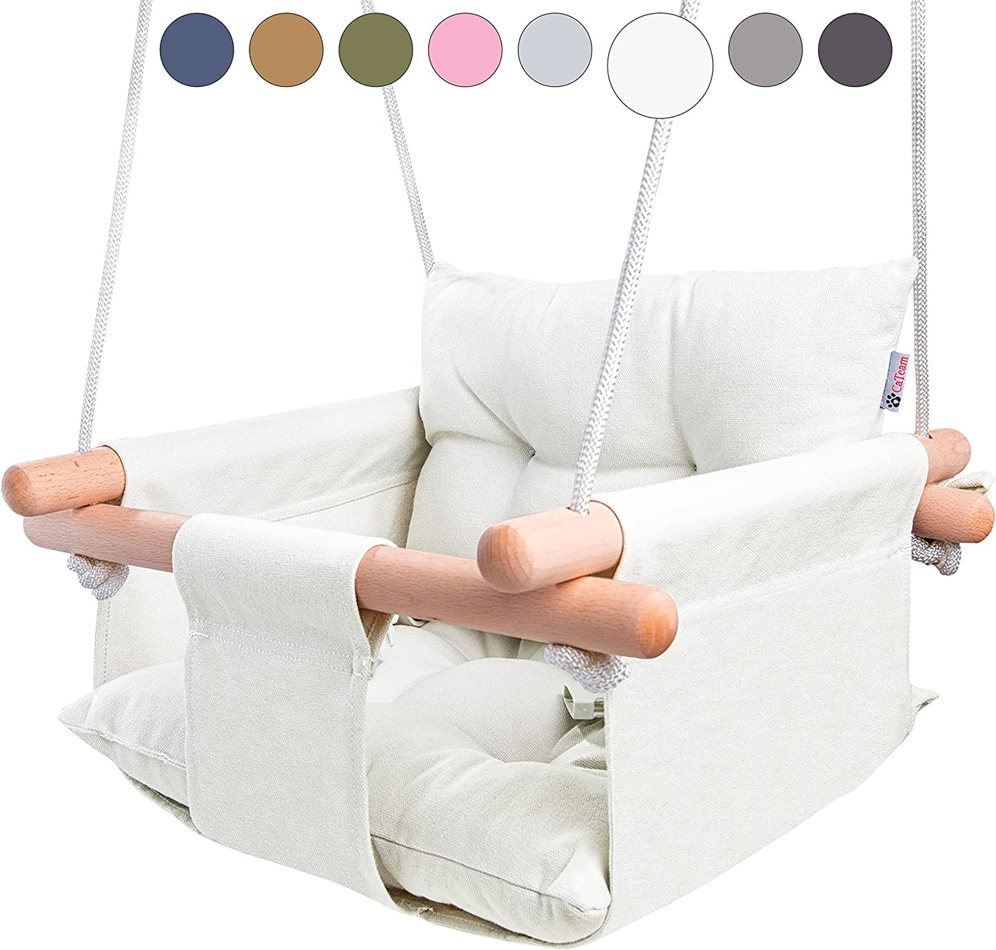 Ivory Canvas Baby Swing with Wooden Seat and Safety Belt - Durable Indoor/Outdoor Swing, Includes Mounting Hardware