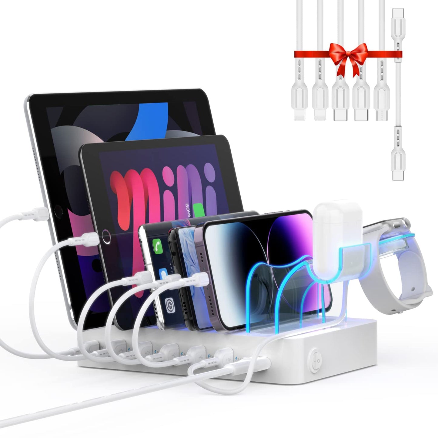 60W/12A 6-Port Charging Station with PD 20W USB-C Fast Charging - 6 Short Cables and 2-in-1 Holder, Compatible with Phones, Tablets