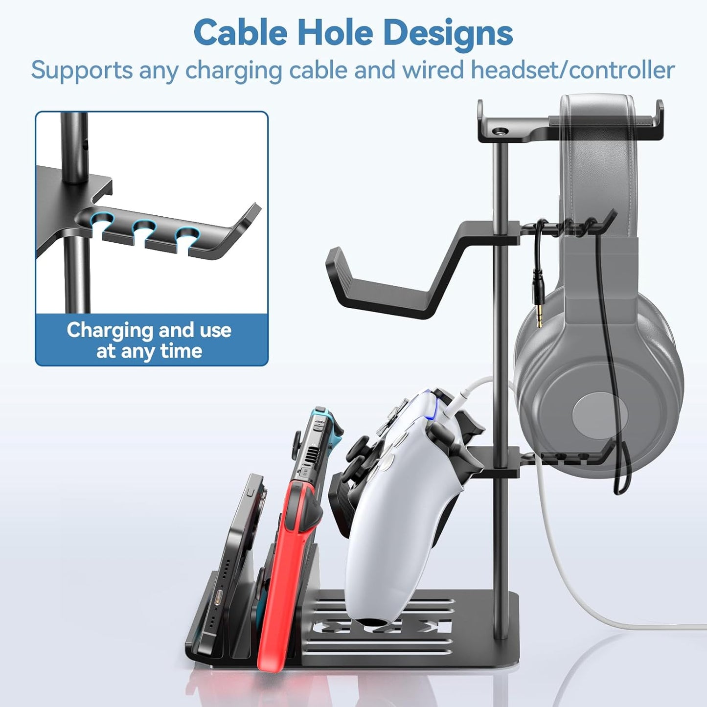 Premium Headphone and Game Controller Stand with Aluminum Support Bar - Universal Organizer for Headphones, Controllers, Switch, iPad, and Mobile Phones