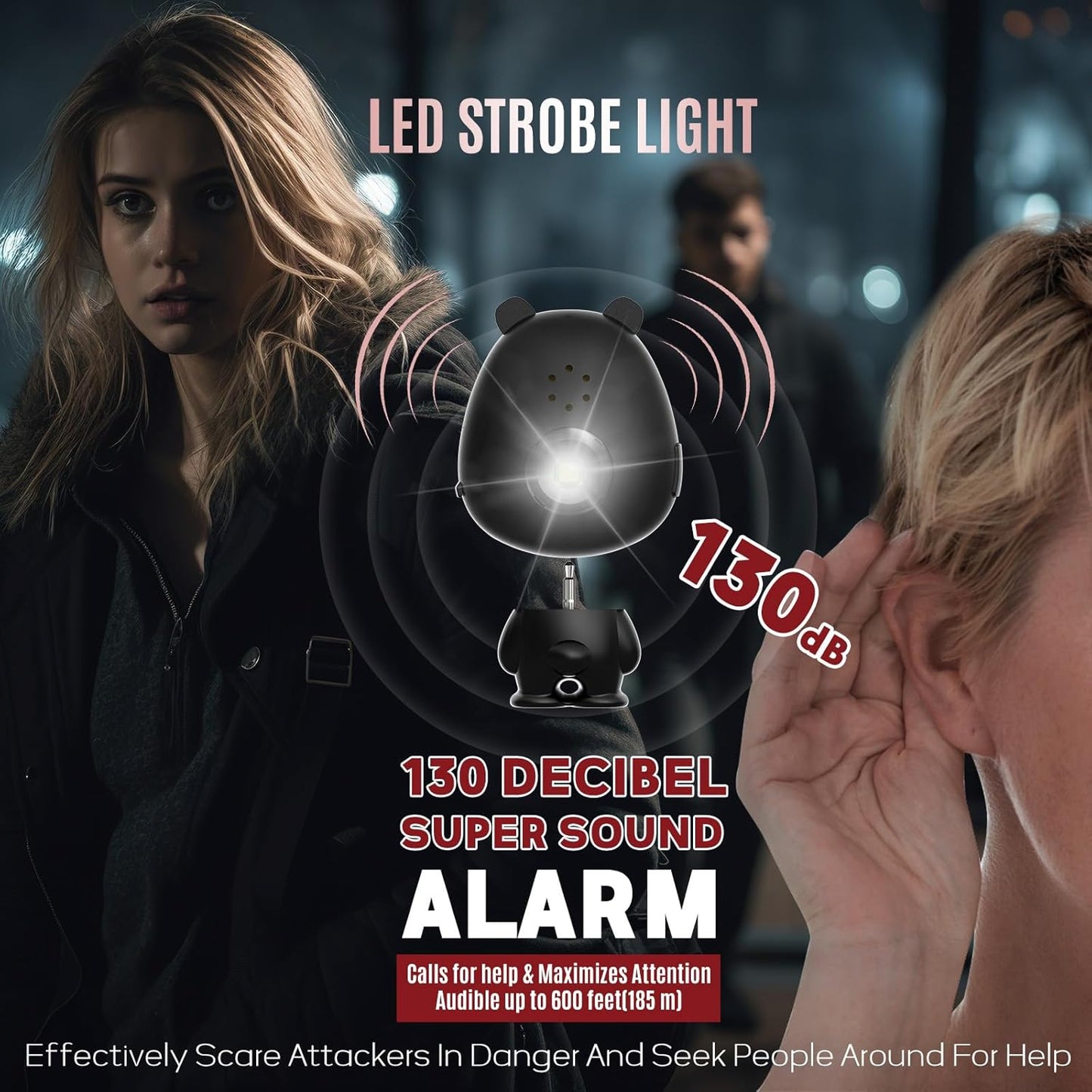 Personal Safety Alarm -Women, Children, Seniors - 130dB Siren Strobe Light, Rechargeable, Low Battery Alert - Keychain Design (Black)
