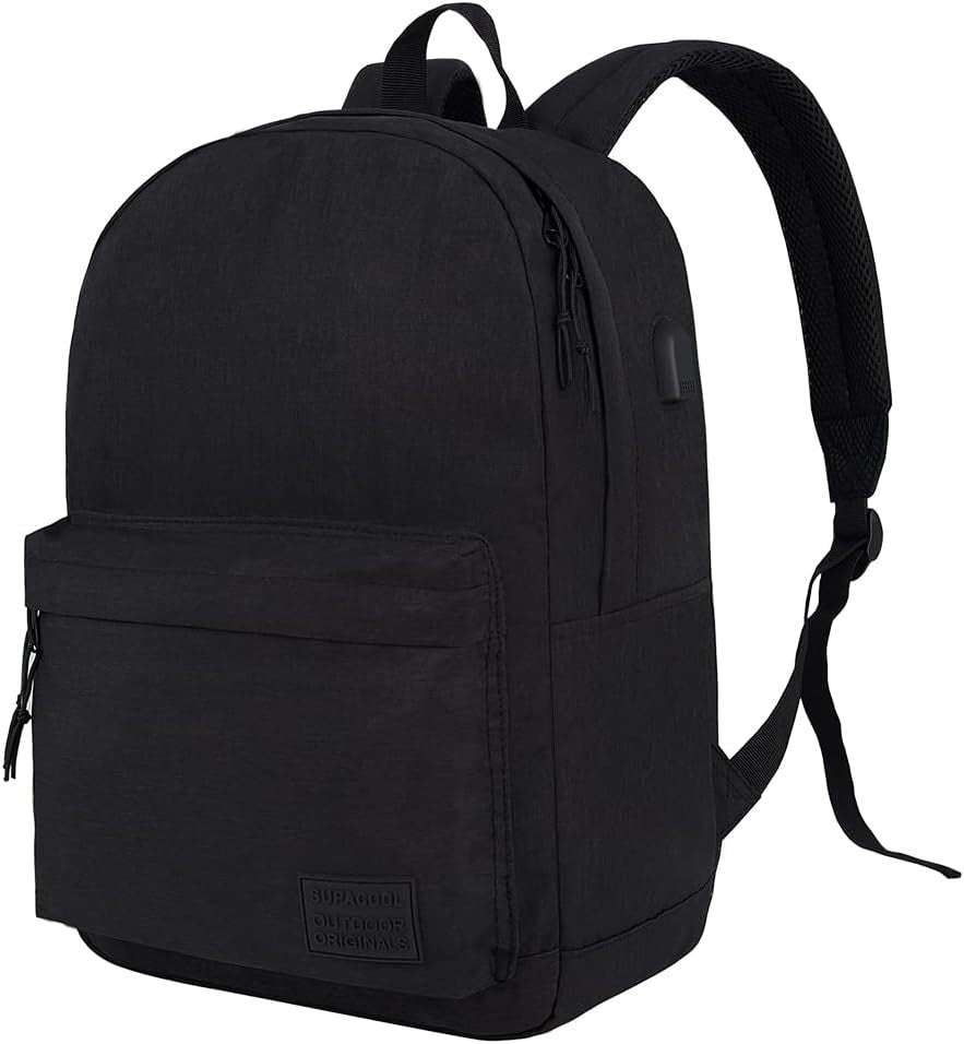 Lightweight Casual Laptop Backpack with USB Charging Port for Men and Women - Dark Black College Bookbag