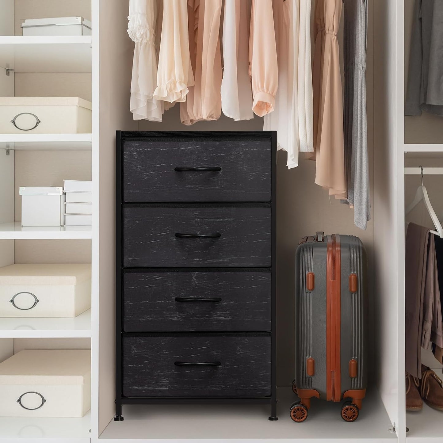 Dresser with 4 Drawers, Fabric Dressers for Bedroom, Small Chest of Drawers, Sturdy Steel Frame & Wood Top, Storage Drawers Tower for Bedroom, Hallway, Entryway, Closets, Oak Black