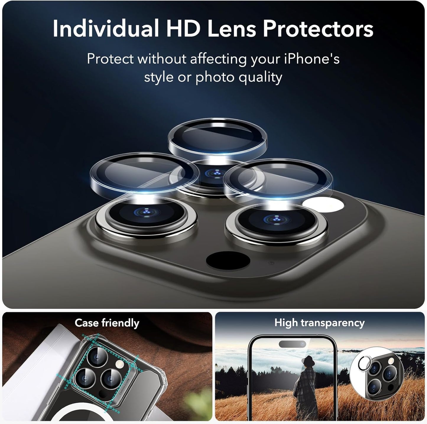 3+1 Pack Ultra-Tough Tempered Glass Screen Protector Set for iPhone - Black Edge and Flawless Fit Tray, 1 Individual Camera Lens Protector