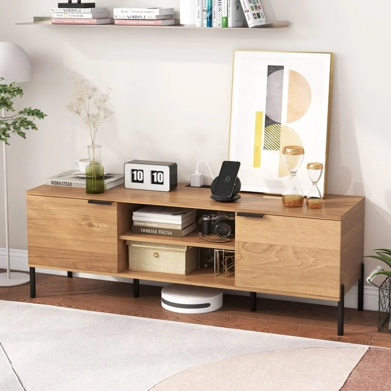 2-Door TV Stand with Integrated Charging Station and Open Shelving for TVs up to 65 Inches