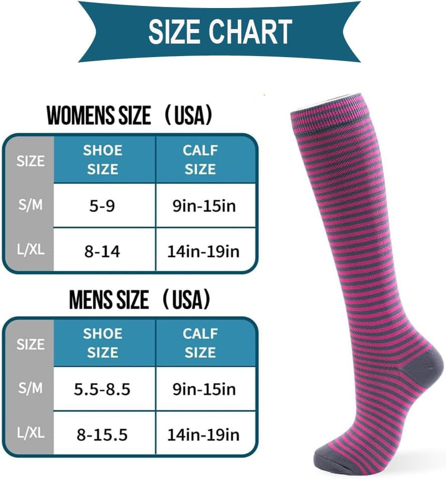 6 Pairs of Compression Socks for Men and Women - Optimal Support for Athletes and Travel Nurses (20-30 mmHg)