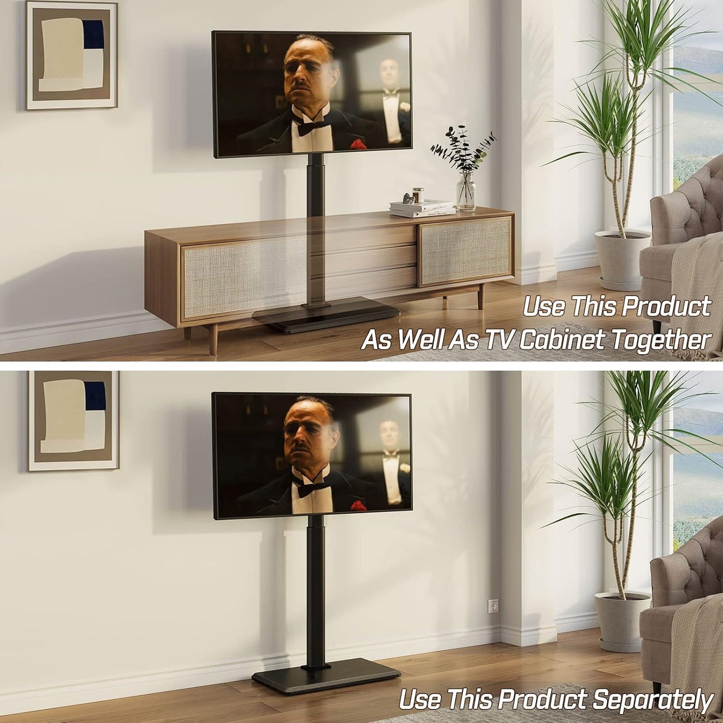 Height Adjustable Swivel TV Stand - Power Outlet for 32-70 Inch TVs, Wood Base, Supports up to 110 lbs, VESA 600x400mm, Black