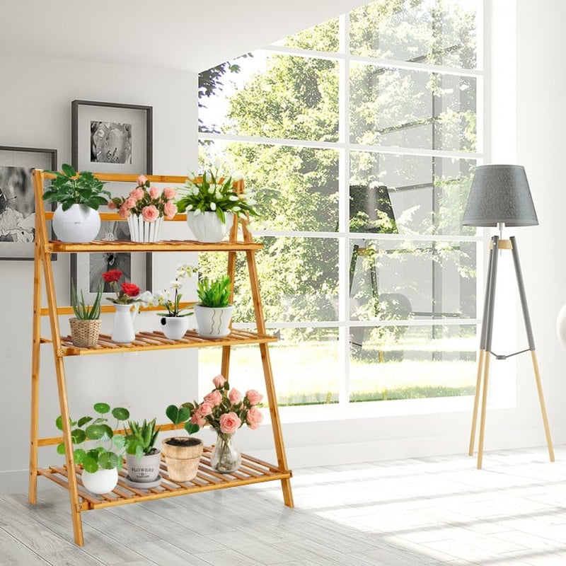 Foldable 3-Tier Bamboo Plant Stand Display Shelf for Balconies
