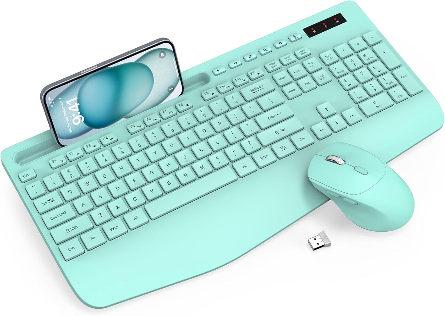 Wireless Ergonomic Keyboard and Mouse Combo - Full-Sized Design with Wrist Rest, Phone Holder, Sleep Mode, and Silent 2.4GHz Connectivity (Black)