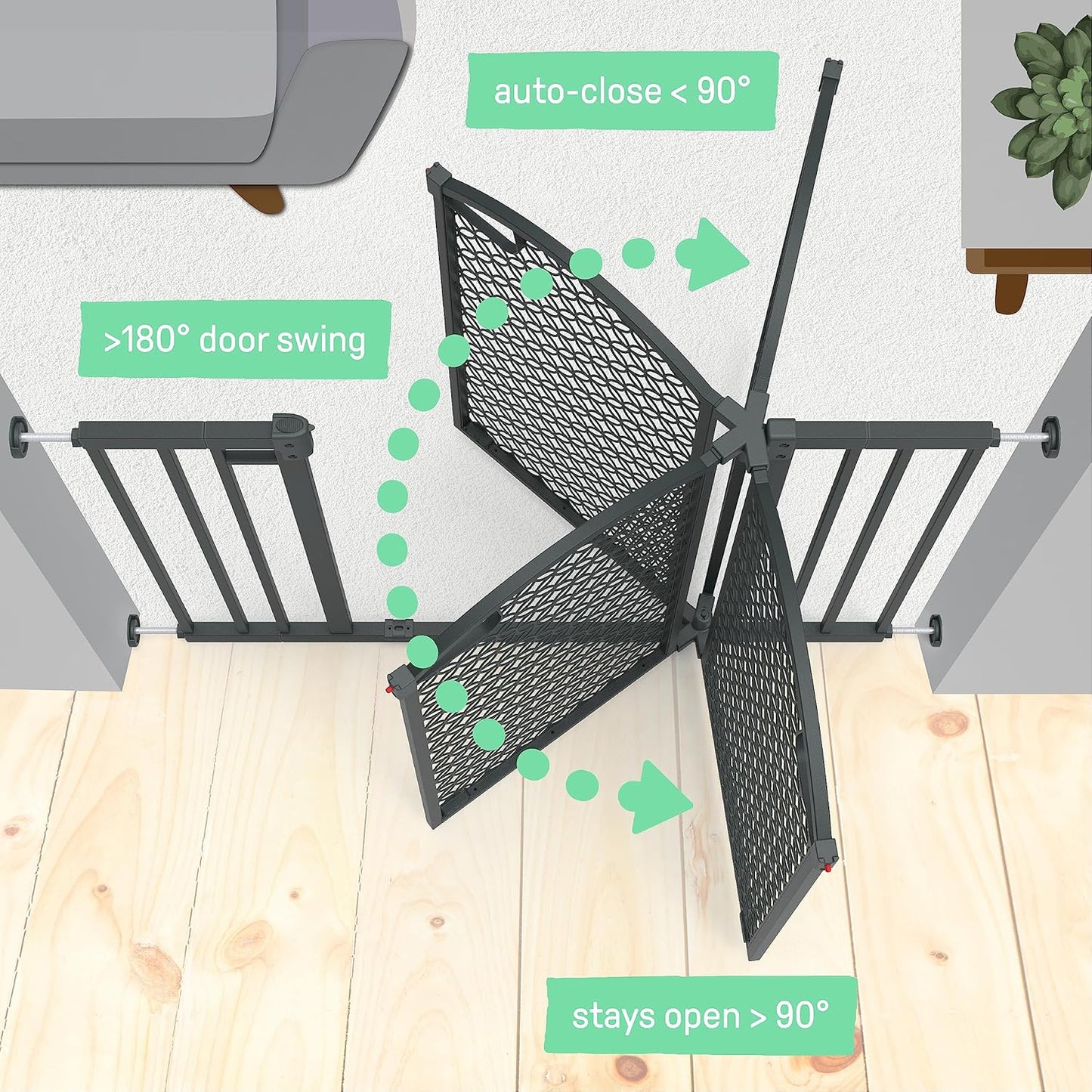 Contemporary Baby and Pet Safety Gate - Adjustable 28-42” Width, Gray Metal, Plastic, 30” Tall Walk-Through Design