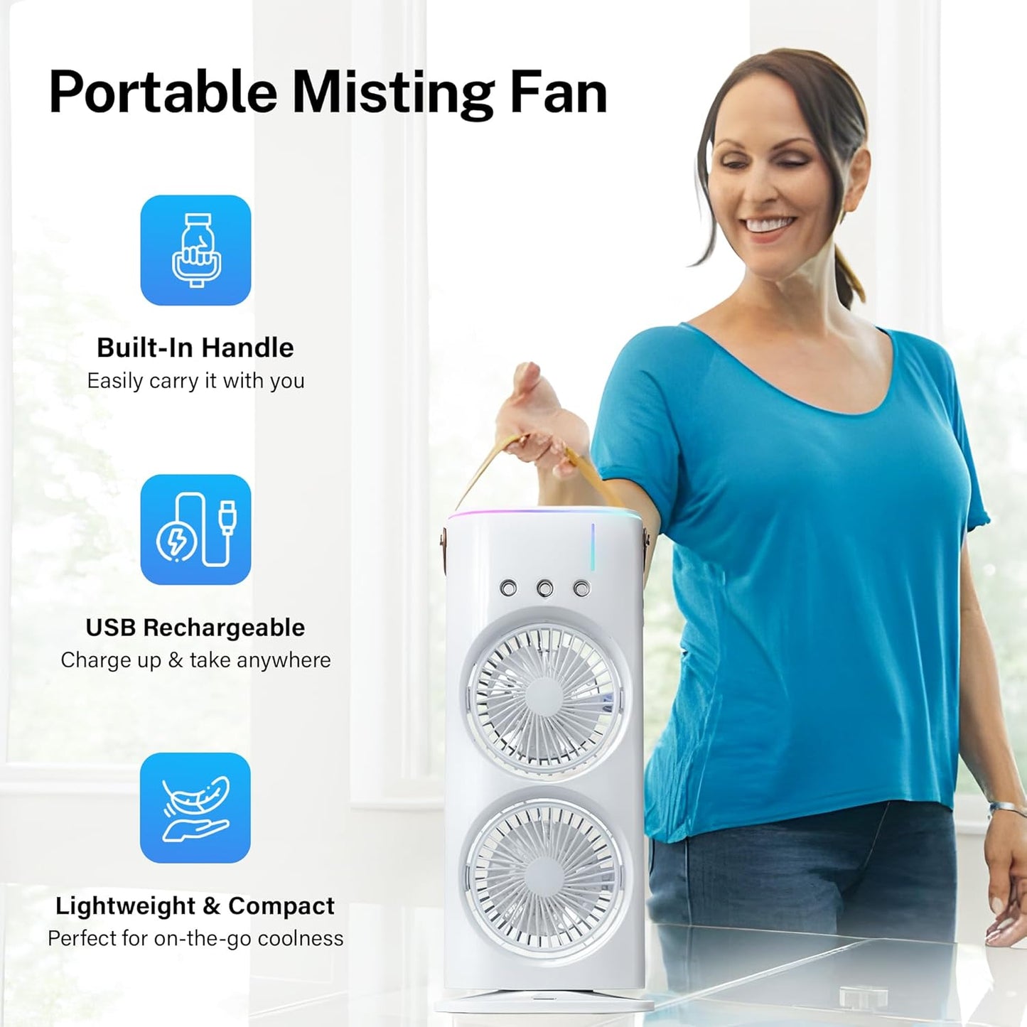 Aqua Air Portable Air Conditioner: Dual Mist Rechargeable Oscillating Evaporative Cooler Fan for Travel, Standing and Desk Use