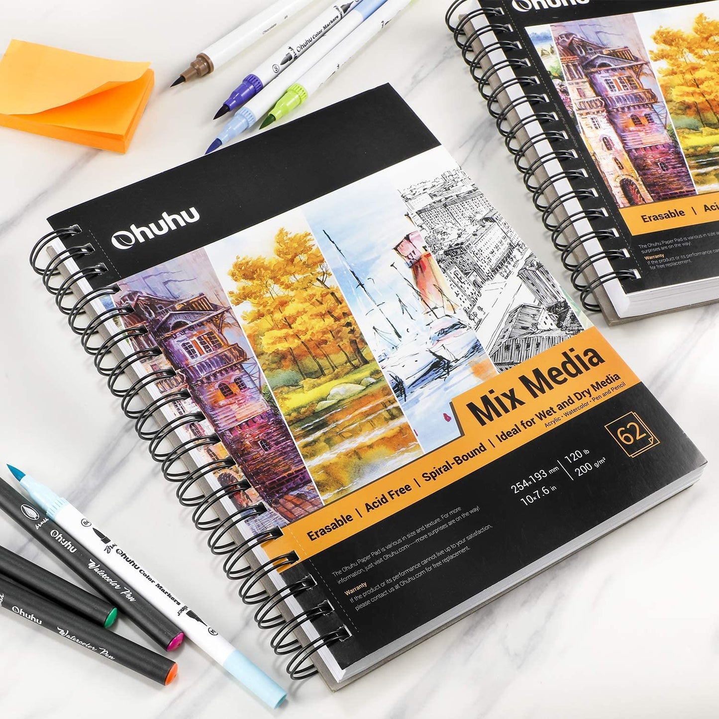 Professional Mix Media Sketchbook-10" x 7.6" Watercolor Paper-Wet Dry Media,120 LB/200 GSM Heavyweight, 62 Sheets/124 Pgs