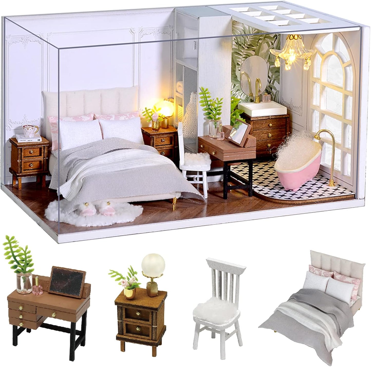 DIY Miniatures Dollhouse Kit, Miniature House Kit, DIY Miniature Dollhouse Craft Kits for Adults, Mini House Kits with LED Light & Dust Cover, Creative Room Idea for Birthday Gift
