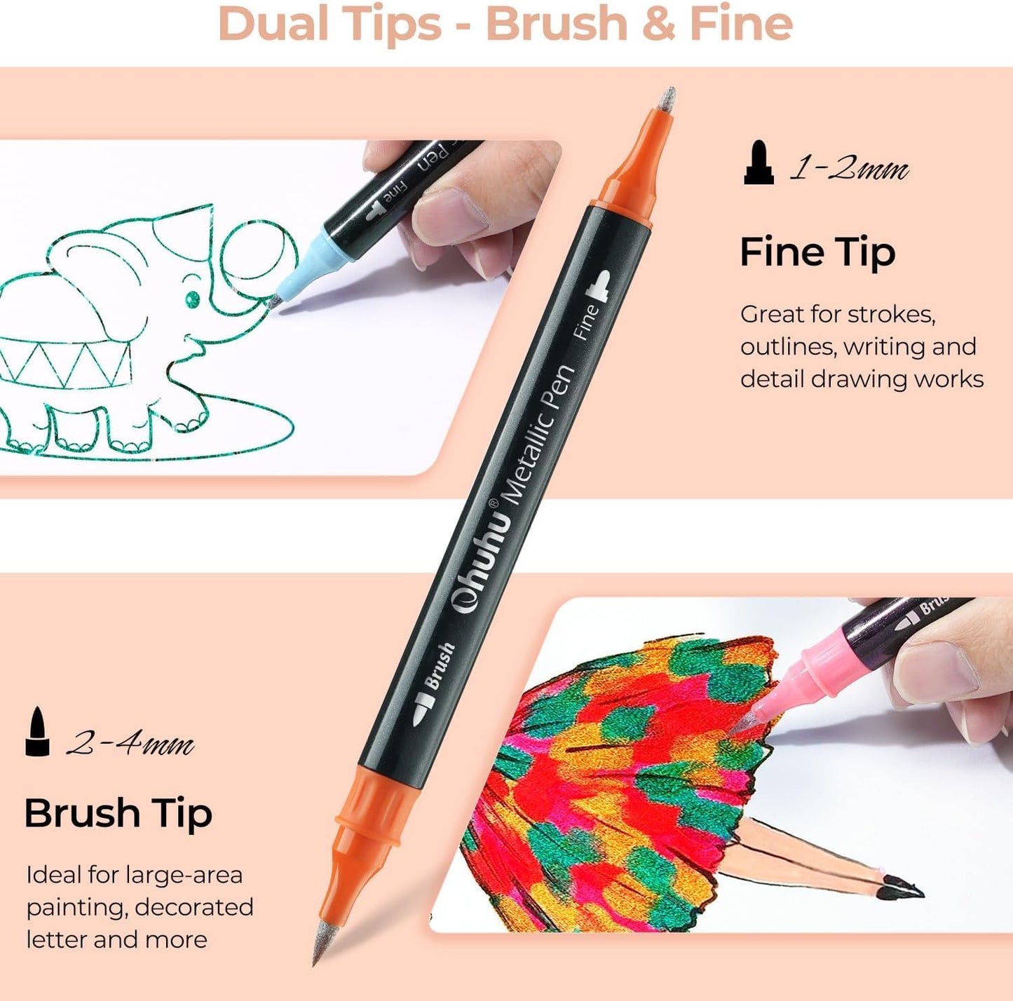 24-Piece Metallic Brush Markers Set, Dual Tip Glitter Pens-Acrylic Painting, DIY Cards, Coloring, Scrapbooking, Rock Art, Crafts